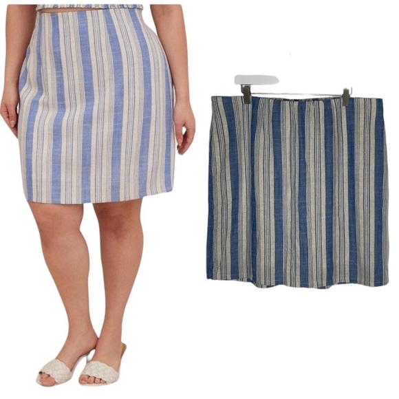 Torrid Mini Linen High Waisted striped Blue and Cream Colored Skirt, Size 2, NWT - Picture 1 of 12